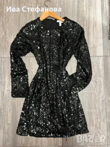 Wow блестяща нова  къса парти коктейлна официална тъмно маслено зелена еластична рокля пайети, снимка 2 - Рокли - 48144459