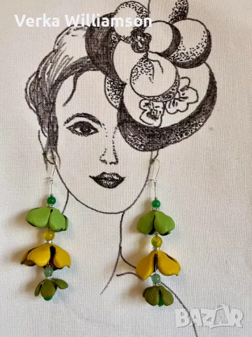 Дълги обици от естествена кожа в зелено и жълто (горчица) модел 46