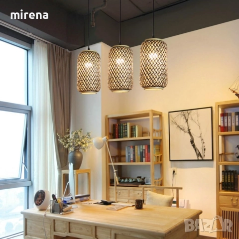 Полилей Лампа VENUS ратанова с три глави винтидж 50 см черна основа, снимка 13 - Лампи за таван - 51423444