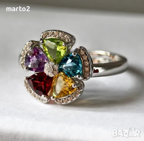 Сребърен 925 Пръстен с Камъни - Натурален Перидот Аметист Гранат Цитрин London Blue Топаз и Циркони!, снимка 3 - Пръстени - 47471429