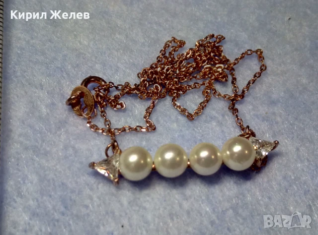 ПОЗЛАТЕНО ПЕРЛЕНО СРЕБЪРНО КОЛИЕ СРЕБРО 925 с ЖЪЛТА ПОЗЛАТА НАТУРАЛНИ БЕЛИ ПЕРЛИ и ЦИРКОНИ 44065