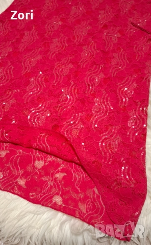 Дантелена рокля с прозрачни пайети в наситен розово-червен цвят, снимка 5 - Рокли - 52598753