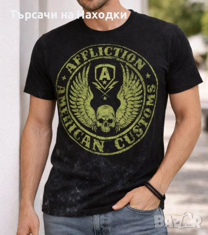 Мъжка тениска Affliction American Customs Black & Green Skull