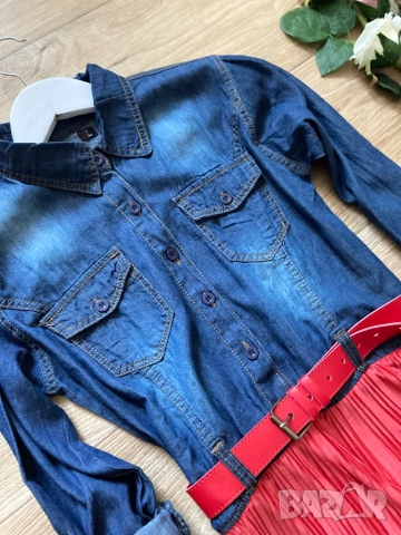 Разпродажба спешно! Нова дълга рокля дънкова + солей плисе с колан към нея , снимка 3 - Рокли - 52840892