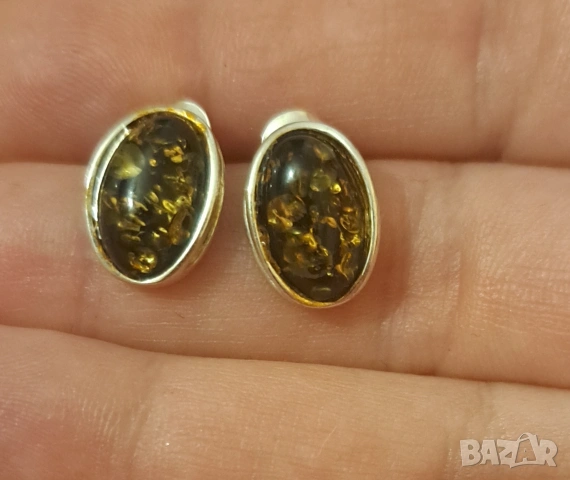 Срвбърни обеци с кехлибар, снимка 3 - Обеци - 54012024
