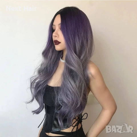 Модна омбре перука – трицветна с кафяви корени, лилав среден тон и сиви краища