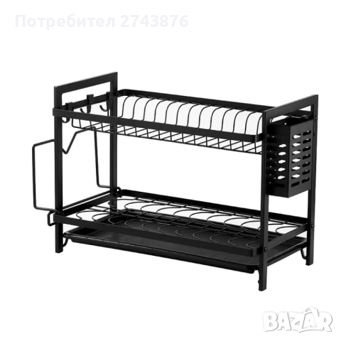 Сушилник на две нива,Черен, С поставка за прибори, 52.5х24.3х34см.