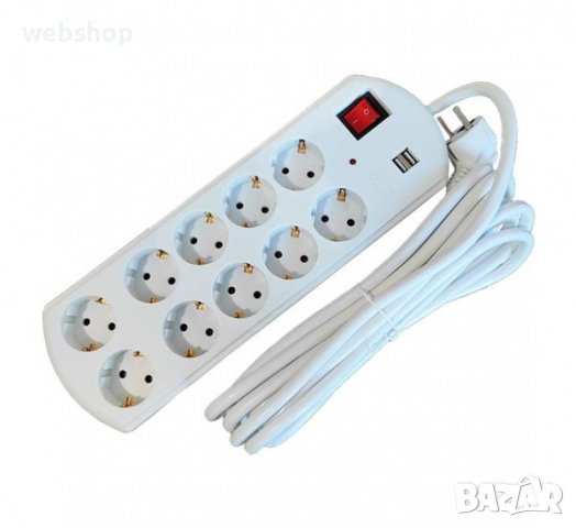 Разклонител с 10 гнезда + 2xUSB , контакт "шуко", ключ, бял, 220VAC, 16A, 3x2,5mm2