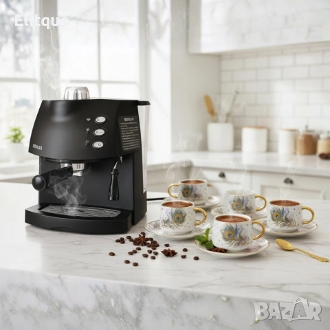 Еспресо машина MUHLER + Луксозен порцеланов сервиз - Екстравагантен комплект 2 в 1, снимка 2 - Кафемашини - 52644612