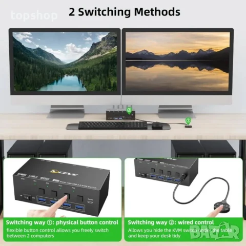 НОВ, ТЕСТВАН КВМ суич / kvm switch 4 компютъра към 2 монитора, снимка 3 - Кабели и адаптери - 50555778