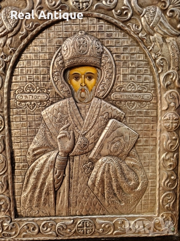 Прекрасна антикварна сребърна икона Свети Никола сертификат , снимка 6 - Антикварни и старинни предмети - 52648422