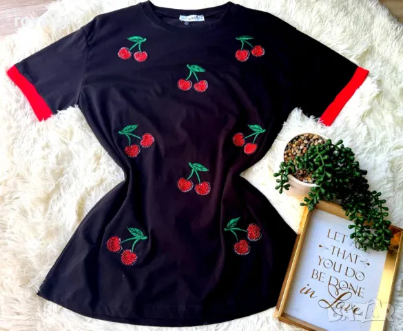Памучни дамски тениски с череши, снимка 3 - Тениски - 50394656