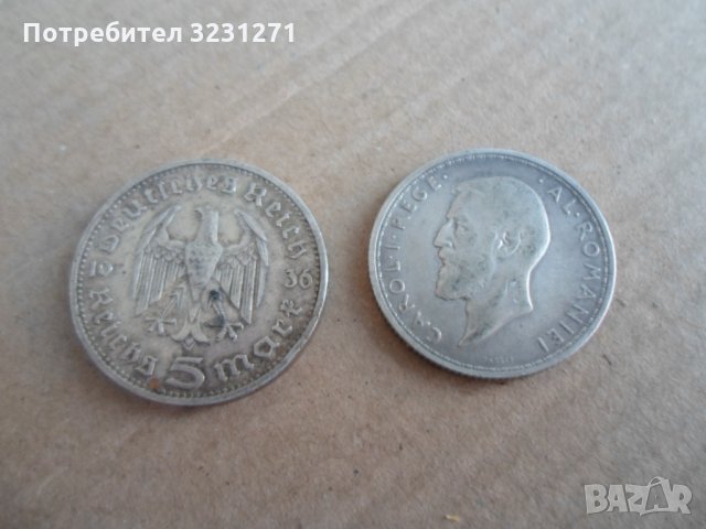 2 сребърни монети,5 РАЙХСМАРКИ/1936,2 ЛЕИ/1910