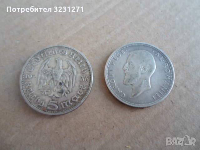 2 сребърни монети,5 РАЙХСМАРКИ/1936,2 ЛЕИ/1910