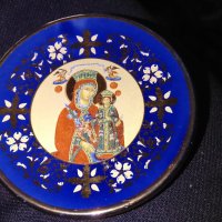 Декоративна чинийка за украса Дева Мария и младенеца гръцка ръчна изработка златно покритие фи 8см, снимка 2 - Декорация за дома - 42704439