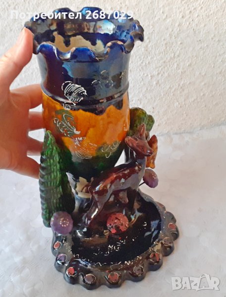 Голяма стара красива керамична ваза бонбониера със сърна, снимка 1