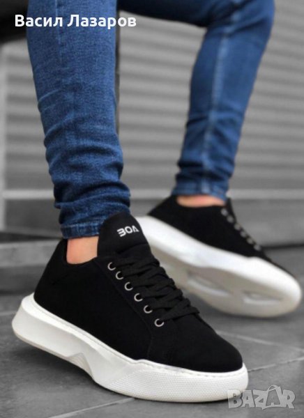      Мъжки спортни обувки в черен цвят, с висока бяла подметка и черни връзки - РАЗПРОДАЖБА!!!     , снимка 1