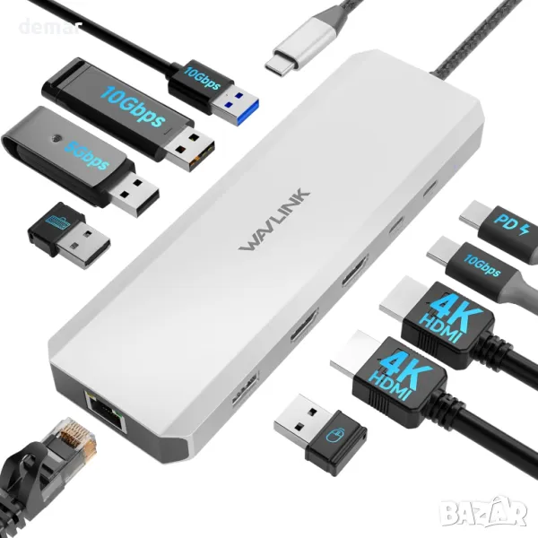 Докинг станция за лаптоп, WAVLINK 10G USB C хъб с двоен HDMI, 100W PD вход, 10Gbps USB-A/C 3.2, снимка 1