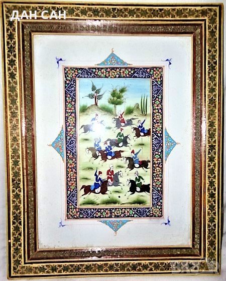 антика Персиа рисувана миниатюра подпис дърво рамка мозайка, снимка 1