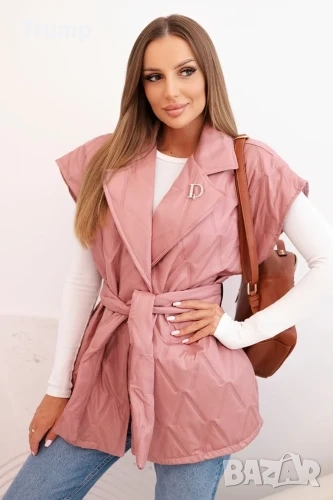 Дамски ватиран елек, колан на талията, полиестер, розов, M-XL, снимка 1