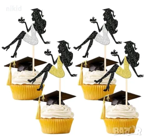 Момиче Абитуриент завършване бал черен брокатен картонен топер украса декор за торта кексче мъфин, снимка 4 - Други - 50319589