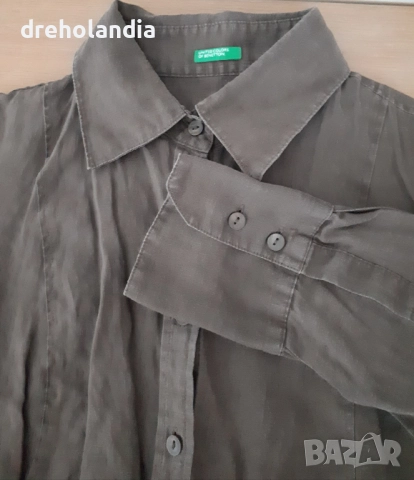 Кафява ленена риза  Benetton - 100 % лен – M  , снимка 3 - Ризи - 51735877