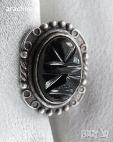 Антикварни сребърни мексикански обици с инталии от обсидиан, снимка 6 - Обеци - 40311343