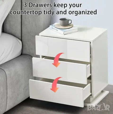 Нощни шкафчета Бял/Черен гланц/мрамор лед LED осветление, 3 чекмеджета, снимка 2 - Шкафове - 48668606