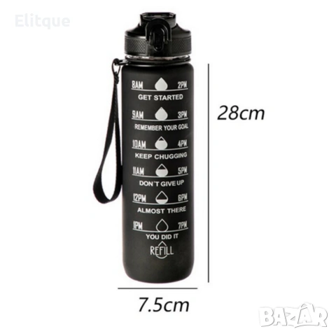 Черна мотивираща бутилка за вода 1L с почасова скала – пий вода навреме, снимка 4 - Други стоки за дома - 54216042