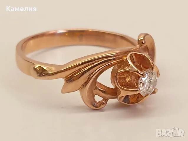 Руско злато. Пръстен с брилиант, снимка 2 - Пръстени - 56032208