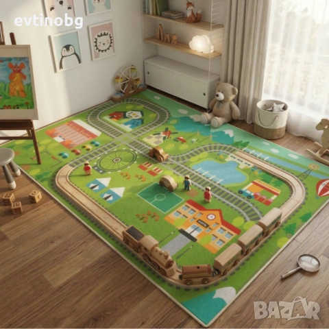 Детски килим "ЖП Гара" 120х160см – Яркозелен с влакчета и релси, Противоплъзгащ и Миещ се, снимка 4 - Други - 53881659