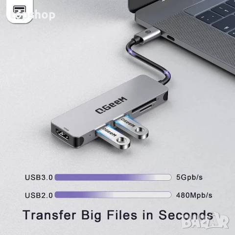 QGeeM USB C хъб 5 в 1, USB C към HDMI адаптер, 4K HDMI, SD/TF, снимка 4 - Кабели и адаптери - 50511242
