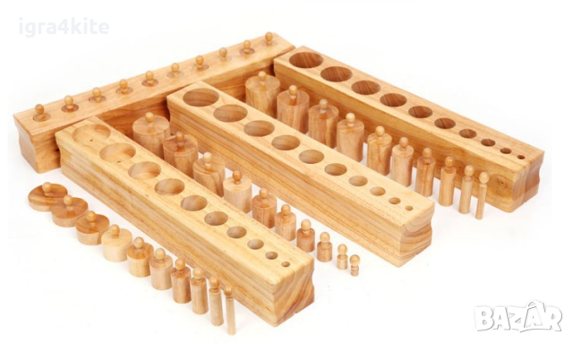 Промо! Монтесори дървени цветни цилиндри 40бр.в 4 кутии + 40бр. цилиндри с дръжки, снимка 2 - Образователни игри - 44595532