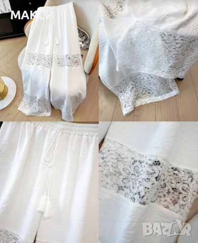 Макси красив ефирен панталон с широка и висока ластична талия + широки крачоли+ широки дантелени час, снимка 2 - Панталони - 52471604