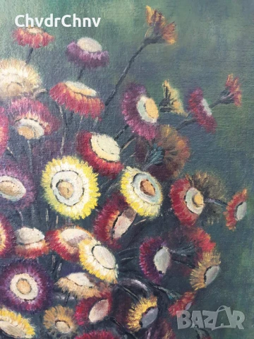 60х50см/стара картина масло върху платно-фазер/натюрморт чайник с цветя/дървена рамка, снимка 6 - Картини - 51356945