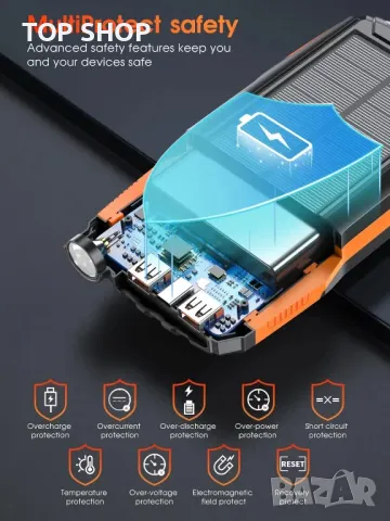 Соларна външна батерия 46800mAh, 3 порта, PD18W QC 3.0 с фенерче, водоустойчива, снимка 2 - Външни батерии - 49866451