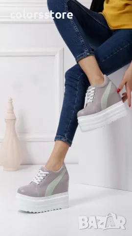 Кецове на платформа - сиви със зелена лента - SJN56