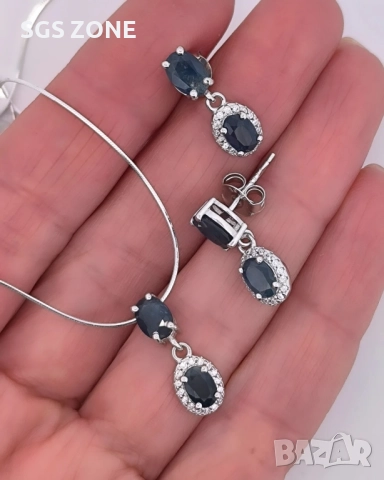 СРЕБЪРЕНИ ОБЕЦИ СЪС САПФИР , снимка 5 - Обеци - 51510349