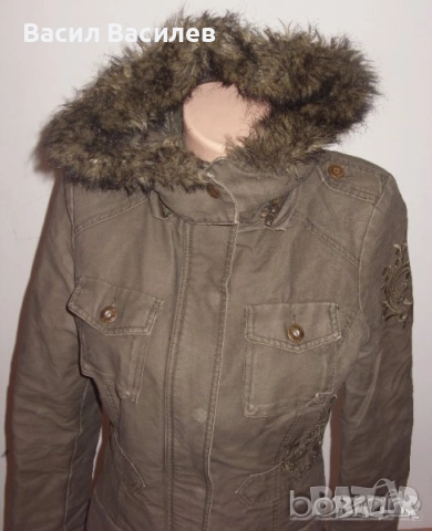 Cool Cat дамско зимно палто милитъри зелено с качулка бродерия 100% памук, снимка 3 - Палта, манта - 51932394