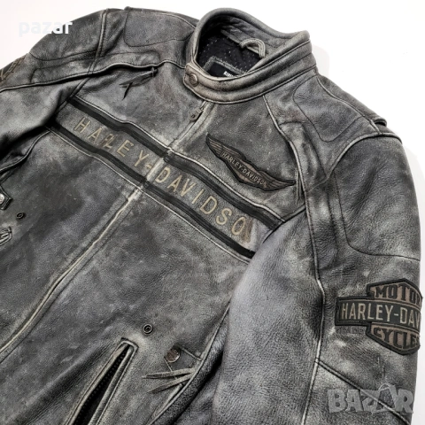 Harley Davidson Spencer Оригинално Кожено Яке Износен Захабен Изцапан Ефект M, снимка 3 - Якета - 54152917