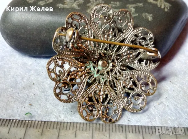 ШАРМАНТНА ФЛОРАЛНА СТАРИННА ПОСРЕБРЕНА МЕДНА АЖУРНА СКЪПОЦЕННА БРОШКА с ФАСЕТИРАН МАРКАЗИТ 48845, снимка 10 - Антикварни и старинни предмети - 48734046