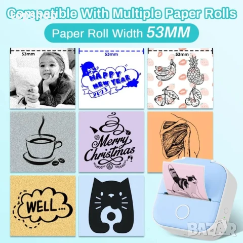 Мини мобилен термопринтер Phomemo T02, Стикери, Бележки, Етикети, хартия 53 mm, Bluetooth, снимка 2 - Принтери, копири, скенери - 50525285