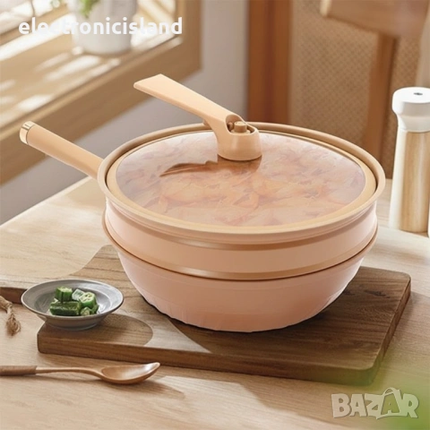 Уок Тиган 32 см, 8 в 1, керамично покритие MicroClay, пържене, варене, задушаване и готвене на пара, снимка 7 - Съдове за готвене - 53053440