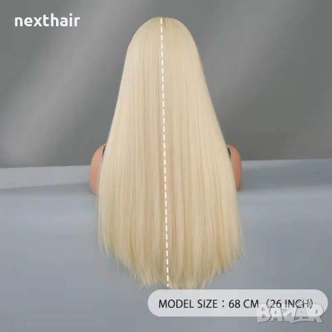 Светло руса права синтетична перука с бретон – 65–70 см, снимка 5 - Аксесоари за коса - 52751551