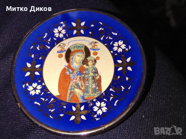 Декоративна чинийка за украса Дева Мария и младенеца гръцка ръчна изработка златно покритие фи 8см, снимка 2 - Декорация за дома - 42704439