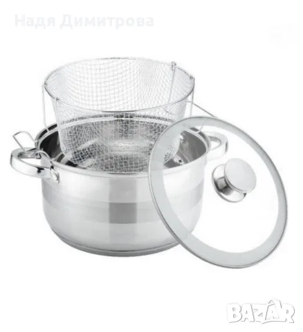 Тенджера с кошница за пържене и стъклен капак Cheffinger  Ø24 см – инокс, 6,5 л, за всички котлони, снимка 3 - Съдове за готвене - 56132358