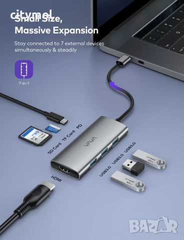 VAVA 7-в-1 USB C хъб с 4K 60Hz HDMI, 3xUSB 3.0, USB C - PD,Micro SD и SD четец на карти, снимка 6 - Други - 51127846