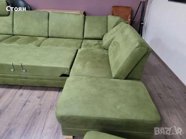Зелен П образен ъглов диван от плат с функция сън и табуретка KS5044, снимка 7 - Дивани и мека мебел - 44245179