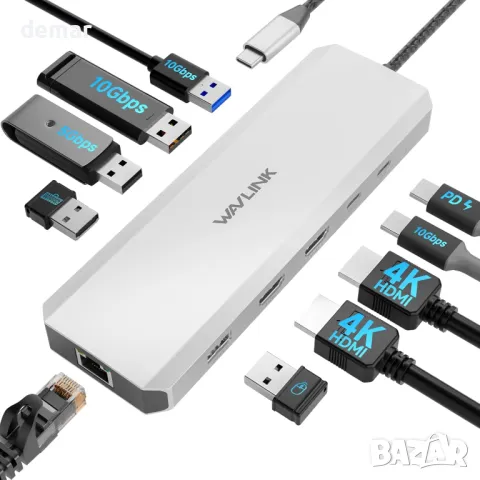 Докинг станция за лаптоп, WAVLINK 10G USB C хъб с двоен HDMI, 100W PD вход, 10Gbps USB-A/C 3.2
