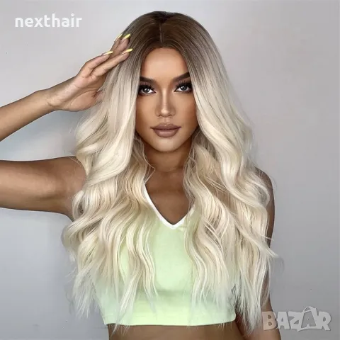 Висококачествена светло руса чуплива перука с тъмни корени на път, снимка 7 - Аксесоари за коса - 50101540